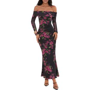 MEROKEETY Women's Fall Off Shoulder Floral Maxi Dresses Formal Long Sleeve Bodycon Cocktail Wedding Guest Dress (Medium, Black)