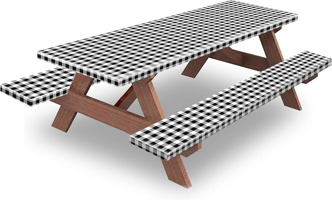KENOBEE 8ft Picnic Table and Bench Cover, Camping Essentials RV Gear, 96 in Waterproof Windproof Outdoor Elastic All Around Tablecloth, Fitted Rectangle Tables and Seats, Black-White Checkered