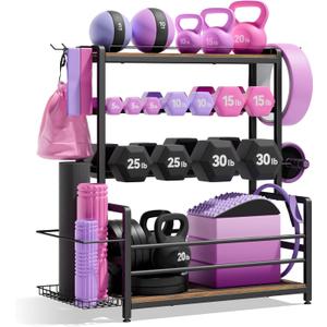 Gym Home Equipment Weight Rack  3Tier Workout Storage Stand for Dumbbells & Kettlebells, Medicine Ball Holder, Steel Organizer with Side Basket, Hooks