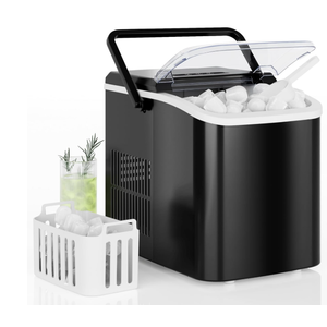 DUMOS Countertop Ice Maker with Handle, 26lbs/24H Portable Ice Machine, 9 Bullet Cubes Ready in 6 Mins, Self-Cleaning, Quiet Compact for Home, Kitchen, RV, Camping, Bright Black