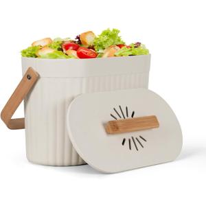 Odorless Counter Top Compost Bucket with Lid - Yatmung Small Kitchen Compost Bin Countertop - Narrow Sustainable Bamboo Composting Pail - Indoor Composter - Slim Food Waste Bin for Kitchen - Cream -