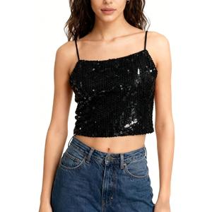 Sequin Cami Top Square Neck Sparkly Tank Top Sleeveless Party Camisole Shirts (XS)