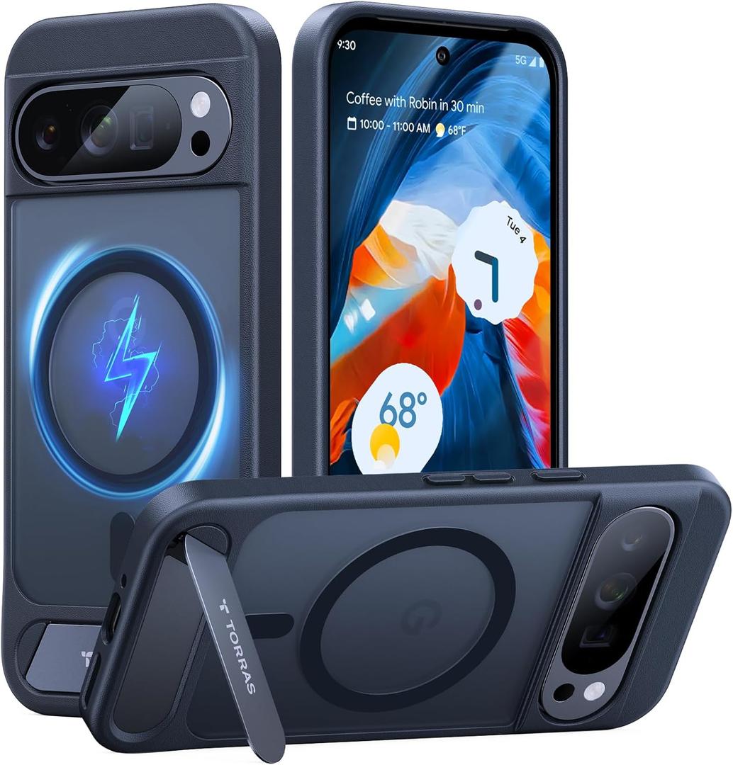 TORRAS Magnetic & Stand for Google Pixel 9 Pro Case/Pixel 9 Case, Fit for MagSafe, 12FT Mil-Grade Drop Protection, Slim Fit for Google Pixel 9/9 Pro Phone Case with Built-in Kickstand, Black