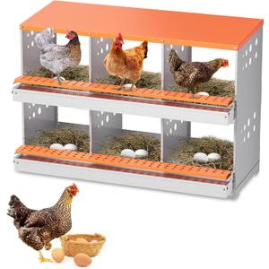 Chicken Nesting Box, 6 Compartment Metal Nesting Boxes for Hens Laying Eggs, Rust Proofed Nest Box with Roll-Away Egg Collection Laying Box for Chicken Coop