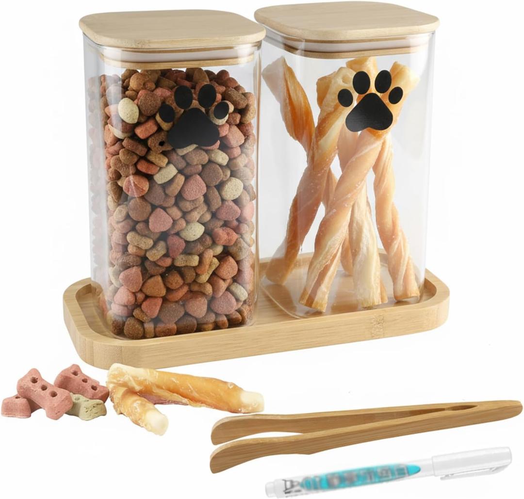 37oz Dog Treat Container Set of 2, Glass Dog Treat Jars for Kitchen Counter with Airtight Bamboo Lids, Small Pet Treat Canister,Puppy Food Bin for Kitchen Counter,Freshness Seal-Clear