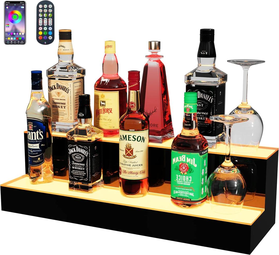 MESAlLUP 24 Inch 2 Tier Lighted Liquor Bottle Display Shelf, LED Bar Shelves with APP or Remote Control, Mulit Color Lighting for Home Mini Bars Decor, Restaurants & Party Use, Acrylic Stand