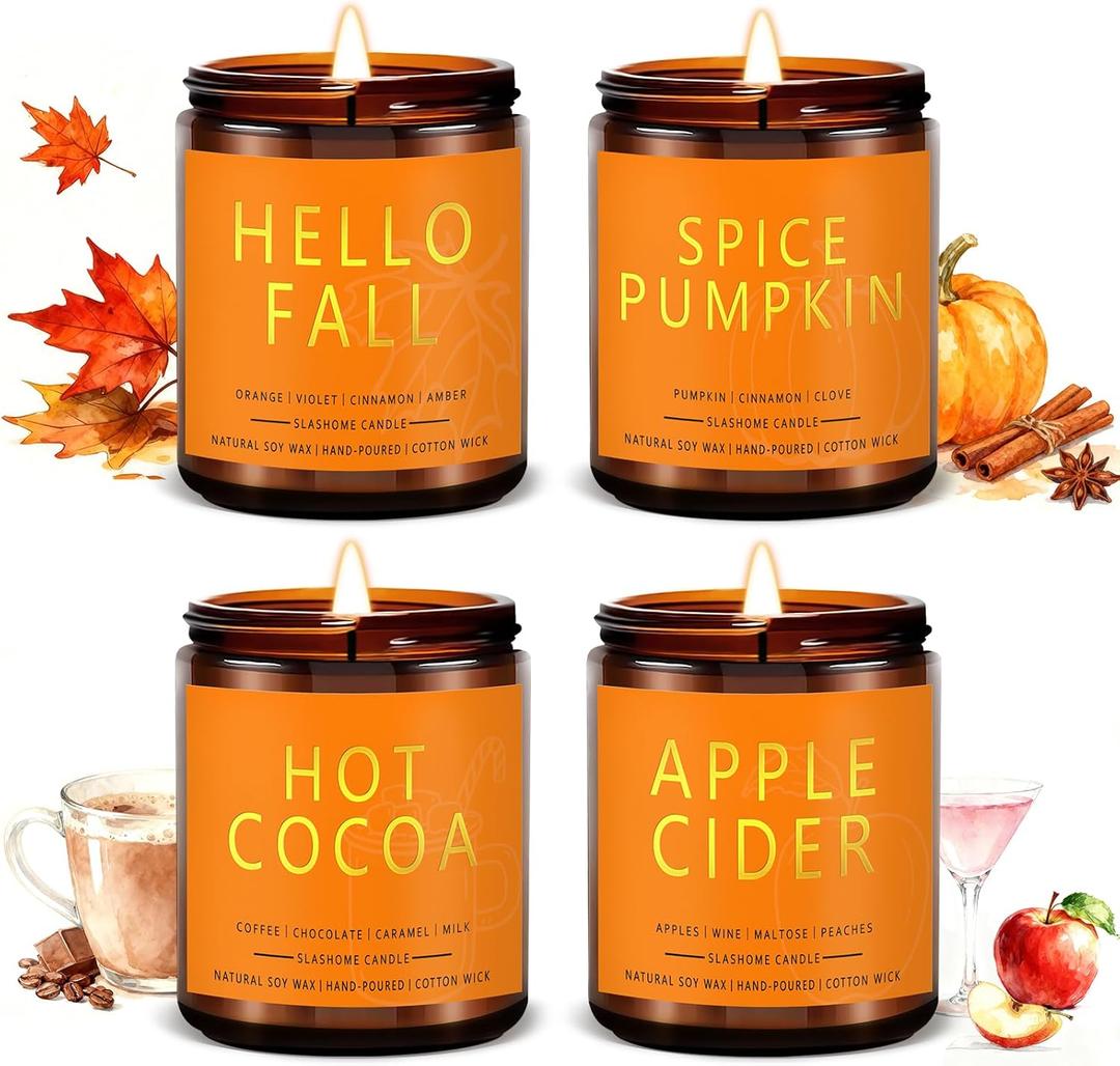 Fall Candles Set | 4 Pack Candles for Home Scented Natural Soy Wax, Autumn Gifts Set for Women Men, Fall Fragrance of Hellofall, Spice Pumpkin, Apple Cider, Hot Cocoa (7 oz Fall)