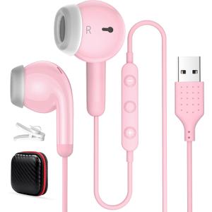 USB Earbuds for PC,Headphones with Microphone for Computer,Wired USB Headset with Mic Audio Control Noise Isolating Stereo Laptop Earphones for Dell for HP Asus for Surface Office Zoom Working Pink