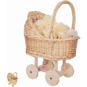 Stroller Shaped Flower Basket - Woven Rattan Basket with Handle Flower Girls Wedding Baby Shower Holder for Present And Wedding Decoration