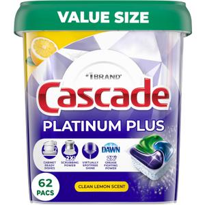Cascade Platinum Plus Dishwasher Pods, Dish Detergent Soap, Clean Lemon Scent, 62 Count