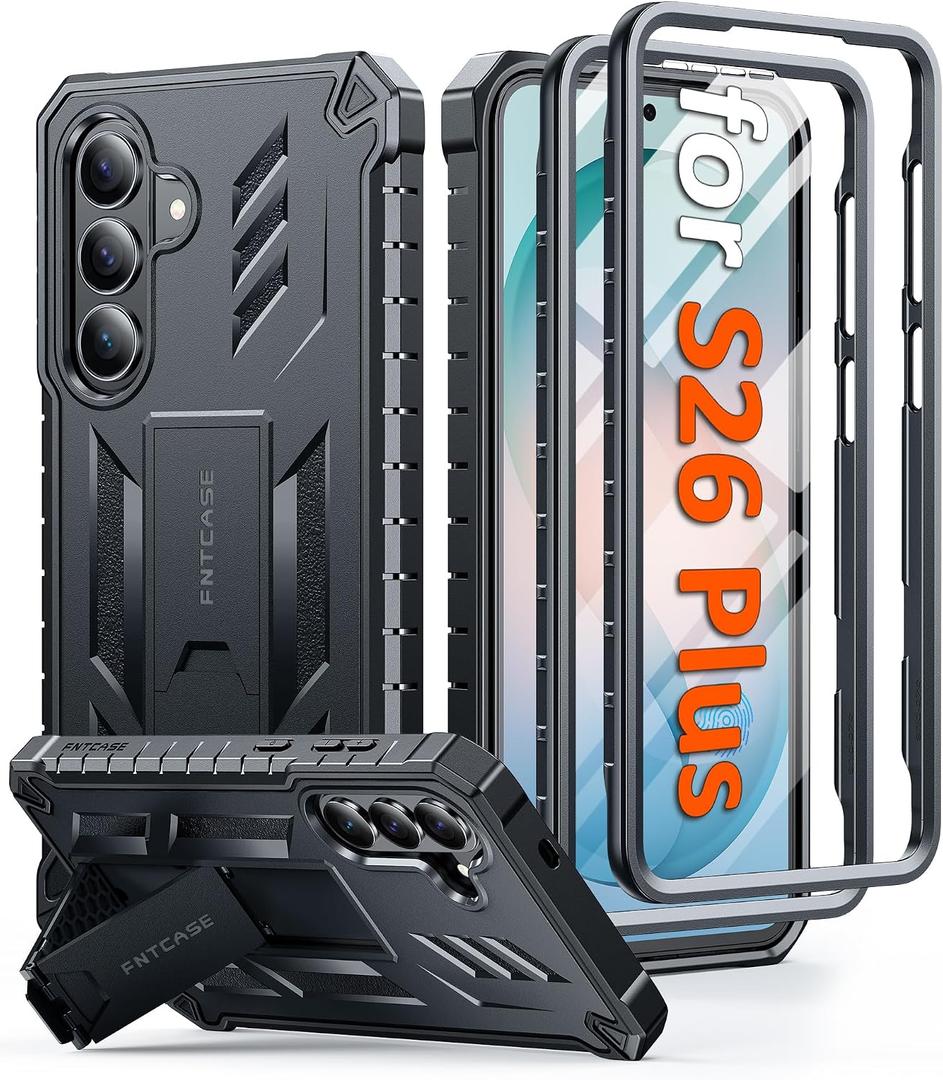 FNTCASE for Samsung Galaxy S26+ Plus Case: with Kickstand | 2 Front Frames | Built-in Screen Protector Military Grade Drop Proof Protection Rugged Protective Phone Case for S26 Plus 6.7 Inch Black