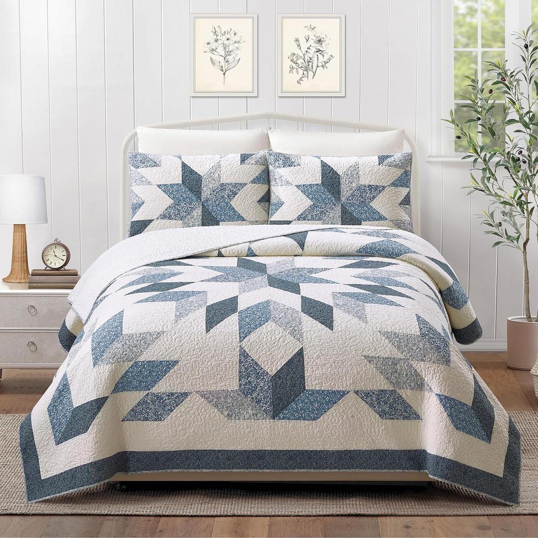 Bright Star Patchwork 3-Piece Quilt Set - Lightweight Coverlet Set, Floral Quilted Bedding Set with 2 Shams, All Seasons, King Size, Blue