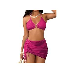 MakeMeChic Women's 3 Piece Bathing Suits Halter Ring Bikini Set with Cover Up Skirts HOT PINK medium