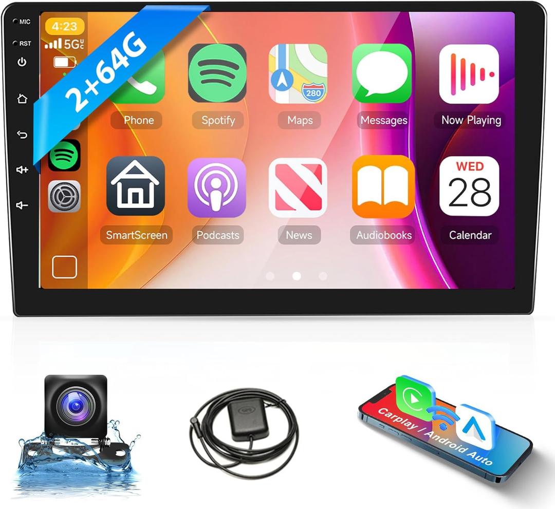 2G+64G Android Car Stereo Double Din Wireless Carplay Android Auto, Rimoody 9 Inch Touchscreen Car Radio 2 Din with GPS Navigation Bluetooth FM HiFi WiFi USB + AHD Backup Camera