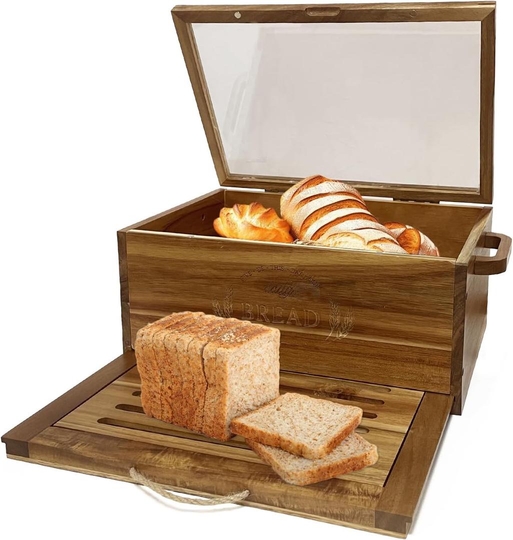 Large Acacia Wooden Bread Box for Kitchen Counter Bread Cutting Board with Crumb Tray Bread Storage Container Farmhouse Bread Box for Your House (Acacia Wooden, Long 14.5 Inch)