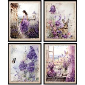 KDHTY Purple Room Decor Lavender Wall Art,Vintage Purple Room Decor Bathroom Wall Art for women,Retro Lavender Flower Wall Decor Decorations for Bathroom Kitchen Living Room,8x10 Unframed,set of 4