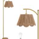 Arc Floor Lamp for Living Room with Remote ControlRattan Boho Floor Lamp with Hand-Woven Wicker Shade, Foot Switch, Gold/Silvery Metal Base & Pole,Standing Lamp for Bedroom (Gold&Paper Rope)