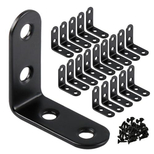 20 Pack 1-9/16" L Brackets for Shelves Corner Brace| Heavy Duty Stainless Steel Wall Mount Bracket| Black Metal Small Braces with Screws for Wood Furniture