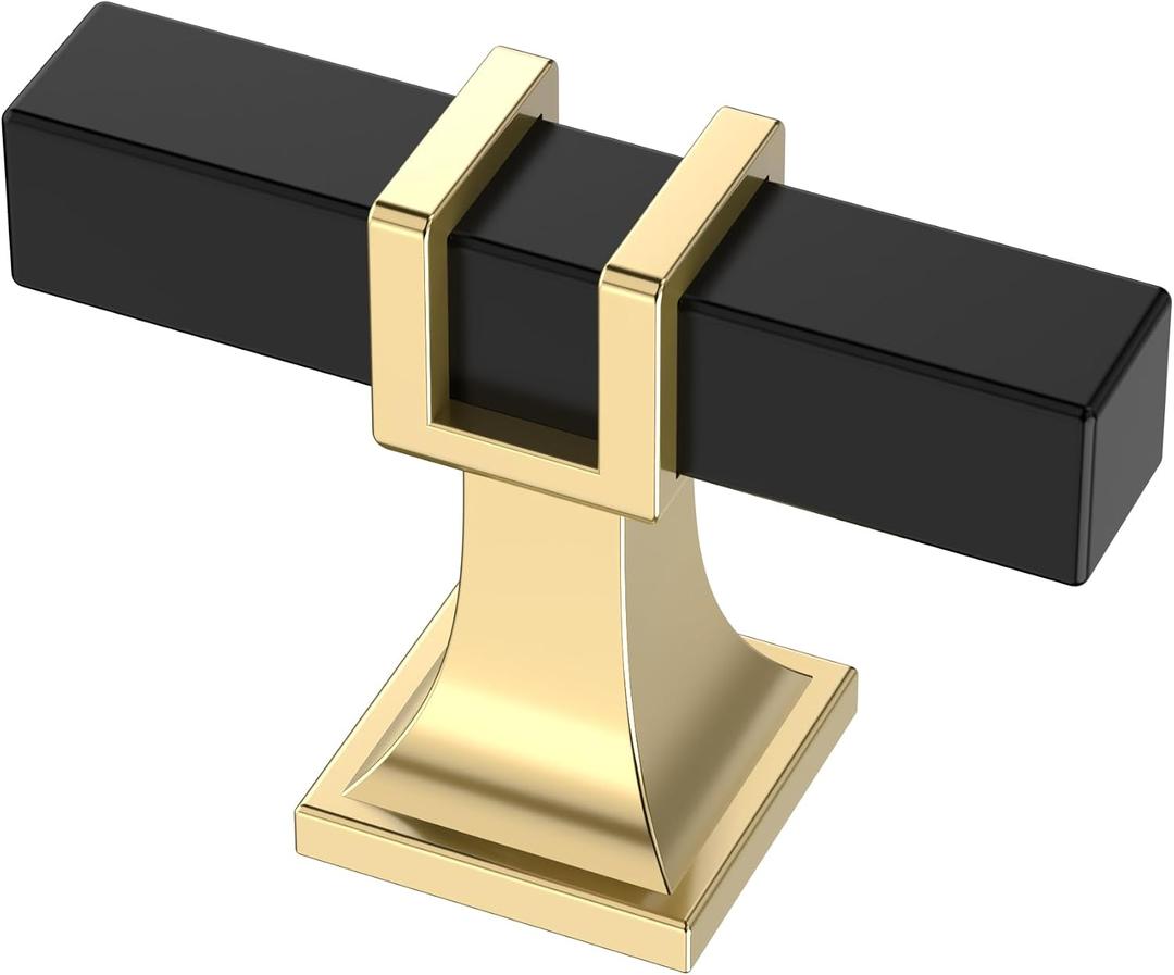 Alzassbg 6 Pack Matt Black and Gold Cabinet Knobs, 2 Inch(51mm) Diameter Cabinet Hardware Square T Bar Knobs for Cupboard and Drawers AL6094KGP-MB