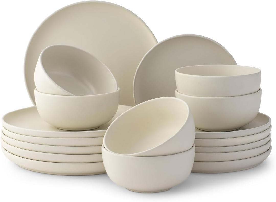 JoyJolt Mesa Stoneware Dinnerware Set, 18-Piece Plates and Bowls Sets, Includes Dinner - Salad and Cereal and Soup Bowls, Modern Farmhouse Matte (Linen) White Dish Set for 6