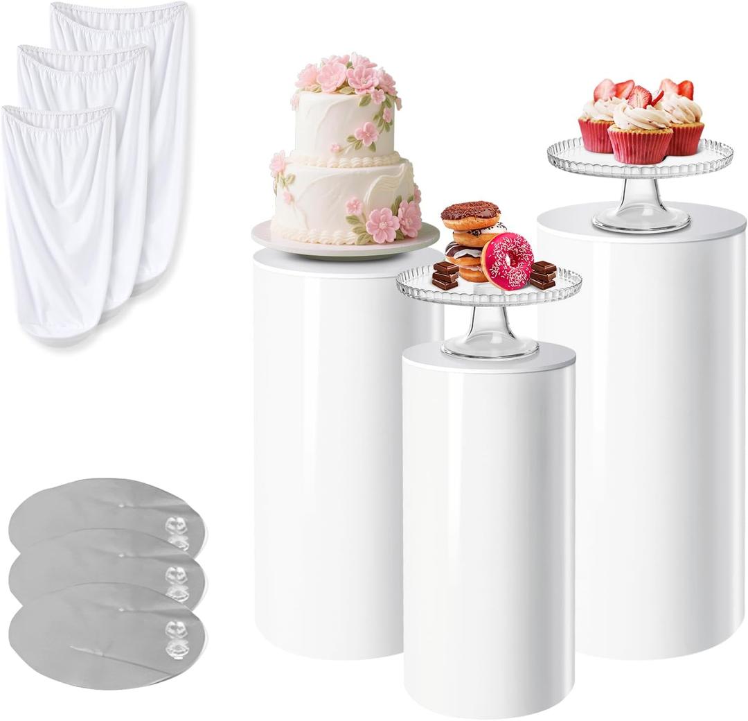 3Pcs Cake Stand & Cylinder Stands for Party Round Pedestal Stand with Weighted Water Bag & Spandex Cloth Cover for Stable Wedding, Birthday, Indoor Outdoor Home DecorPVC Plastic,Vivid White