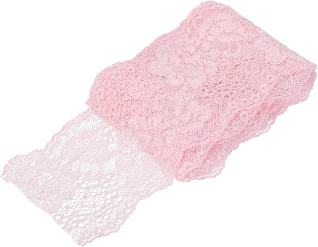 MECCANIXITY 3 Inch Wide 5 Yard Elastic Lace Ribbon Pink Floral Pattern Stretch Lace Trim Embroidered Fabric for Sewing Making and DIY Crafts Gift Wrapping Bouquets Wedding Decor