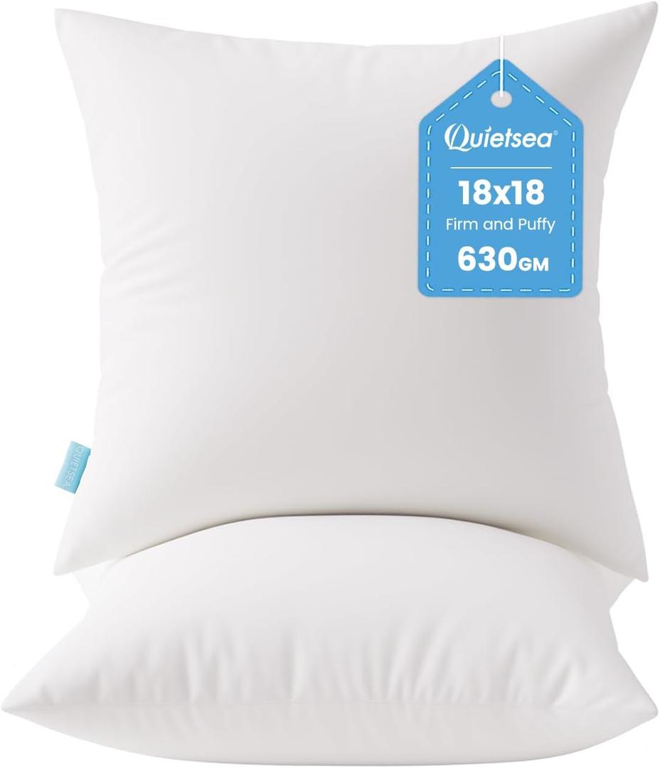 QUIETSEA 18x18 Pillow Inserts, 2 Pack Down Alternative Throw Pillow Inserts, Fluffy Soft Square Decorative Pillows for Bed, Couch and Sofa (White)
