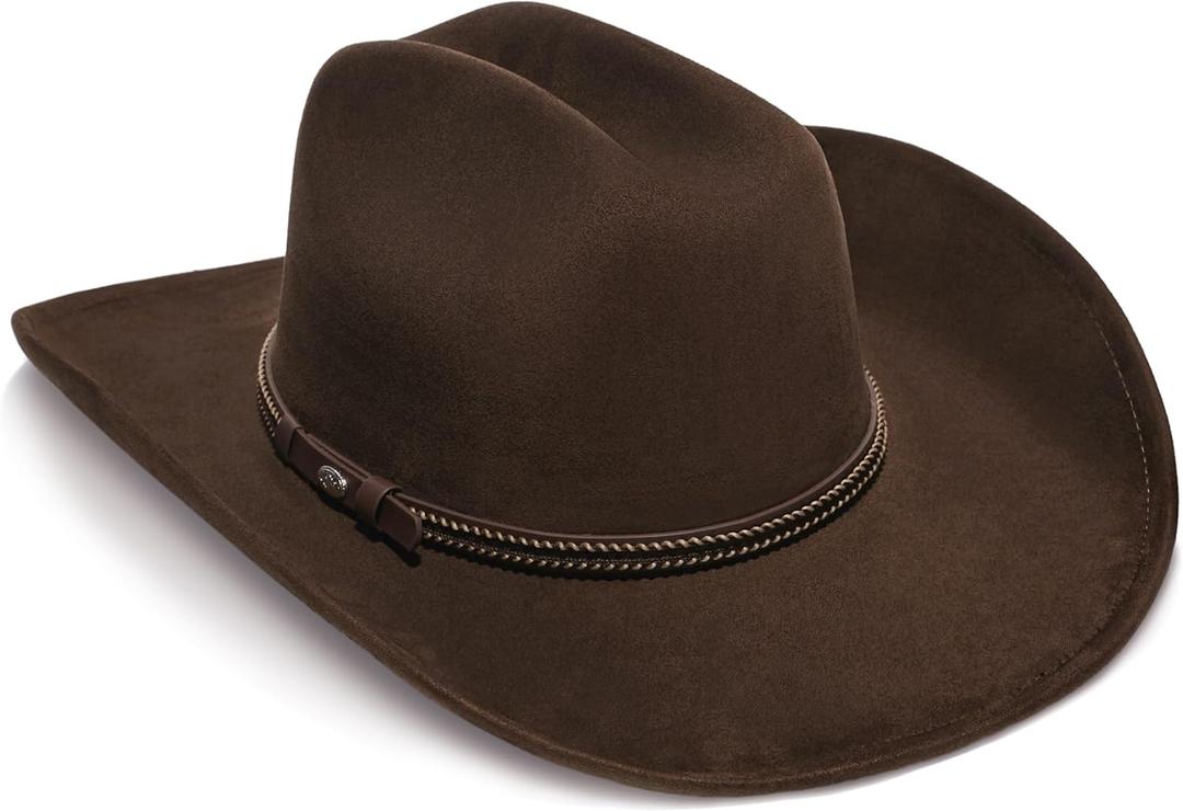Faux Suede Felt Western Cowboy Hat for Women or Men, Wide Brim, Rivet Strap (One Size-Medium, Crown Brown Braid)