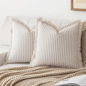 Striped Farmhouse Throw Pillow Covers 24X24 Set of 2 Boho Pillow Cover with Fringe Tassel Chic Cotton Decorative Pillows Modern Neutral Square Cushion Pillowcase for Sofa Couch Bed, Khaki