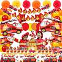 Fire Truck Birthday Party Decorations Kit 62PCS Fire Truck Balloons, Firefighter Theme Supplies with Banner, Table Cover, Cake Toppers, Tattoo Stickers for Kids & Boys Party