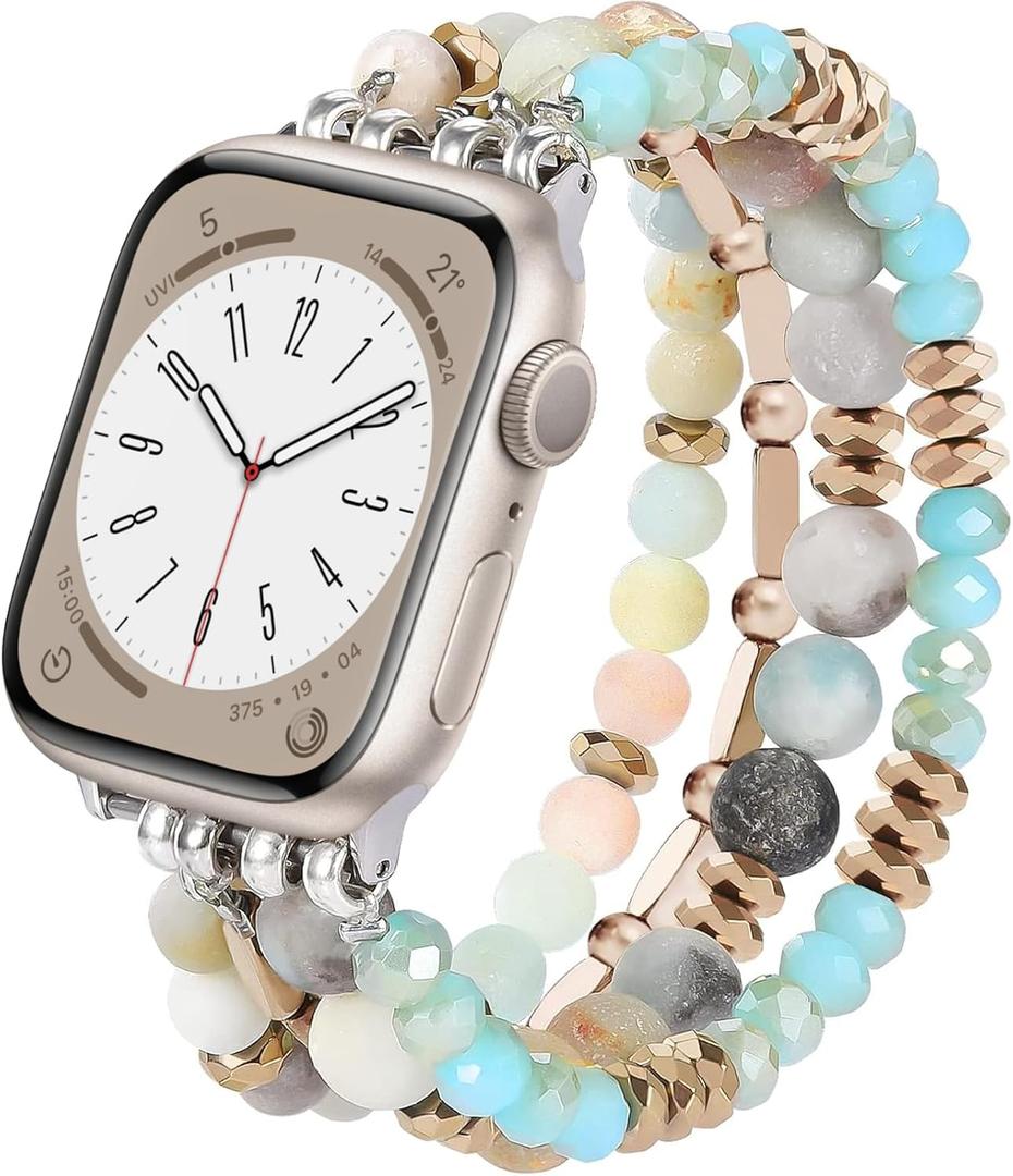 VISOOM Beaded Boho Bracelet Compatible for Apple Watch Band 40mm/ 38mm/ 41mm Series 9 8 7 SE Series 6/ 5/ 4 Women Fashion Cute Handmade Crystal Beads Stretchy Watch Strap for iWatch Bands Series 3/ 2/ 1 Replacement
