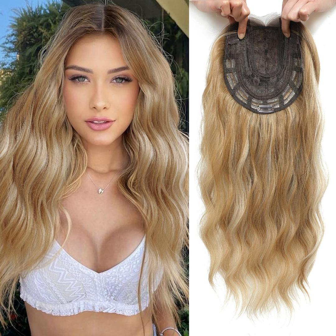 Wavy Hair Toppers for Women - 20" with Bangs, 6.5"x6.5" Base, Adds Volume to Thinning Hair (Blonde with Dark Root)