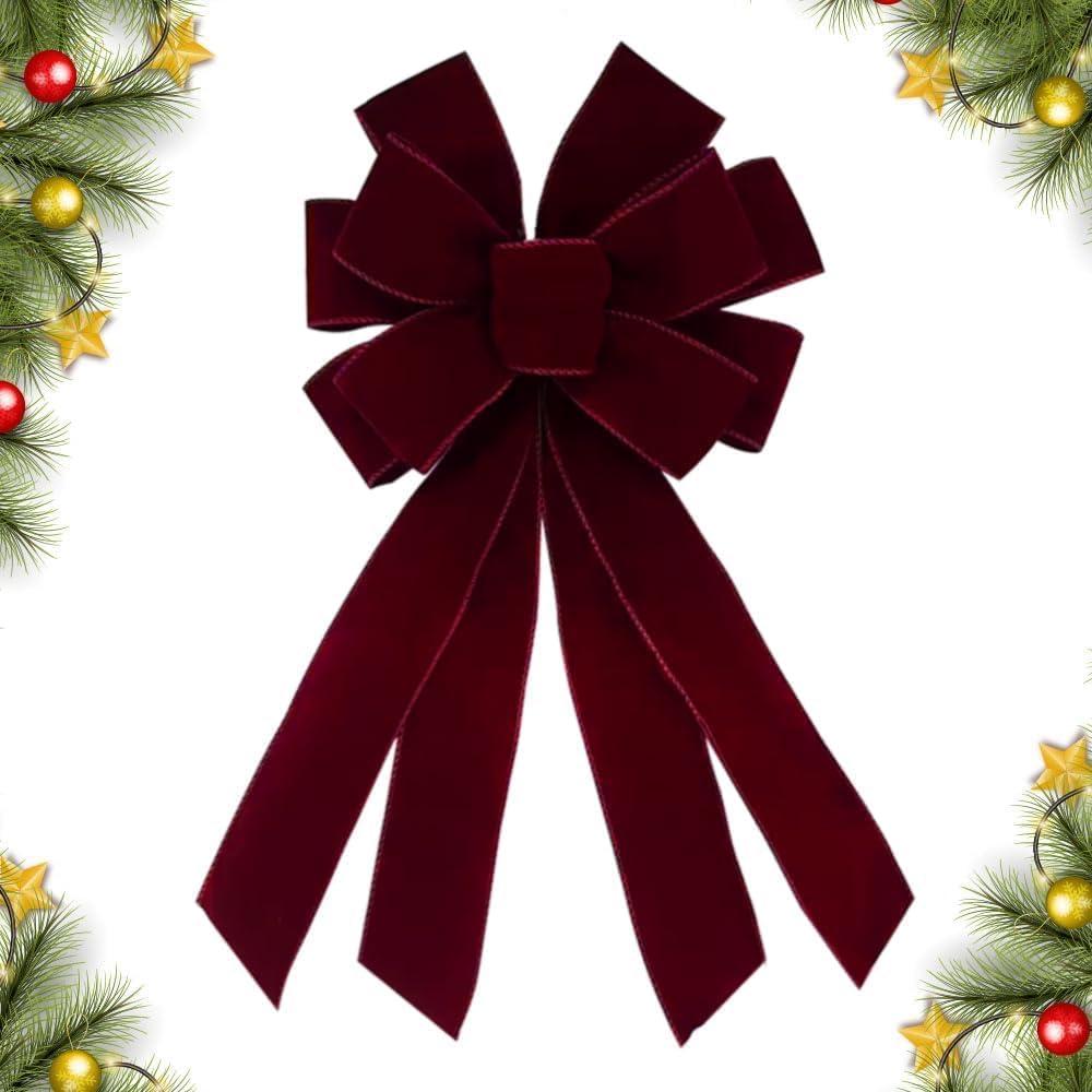 Christmas Wreath Bow 20 x 11 Inches Large Christmas Bows Burgundy Red Velvet Bow Winter Farmhouse Bow Xmas Tree Topper Ornament Bow for Home Front Door Decorations