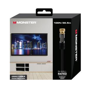 Monster 100 Foot RG-6 Quad Shield Coaxial Cable for High-Speed Internet, TV - Duraflex Waterproof & Weatherproof, UL CL2 Rating for In-Wall, Outdoor, Indoor Use, Gold Plated F-Pin