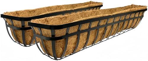 Panacea 88559 Flat Iron Series Planter Boxes, Black, 48" L, Pack of 2 – Steel Construction with Coco Fiber Liners for Deck or Wall Mount