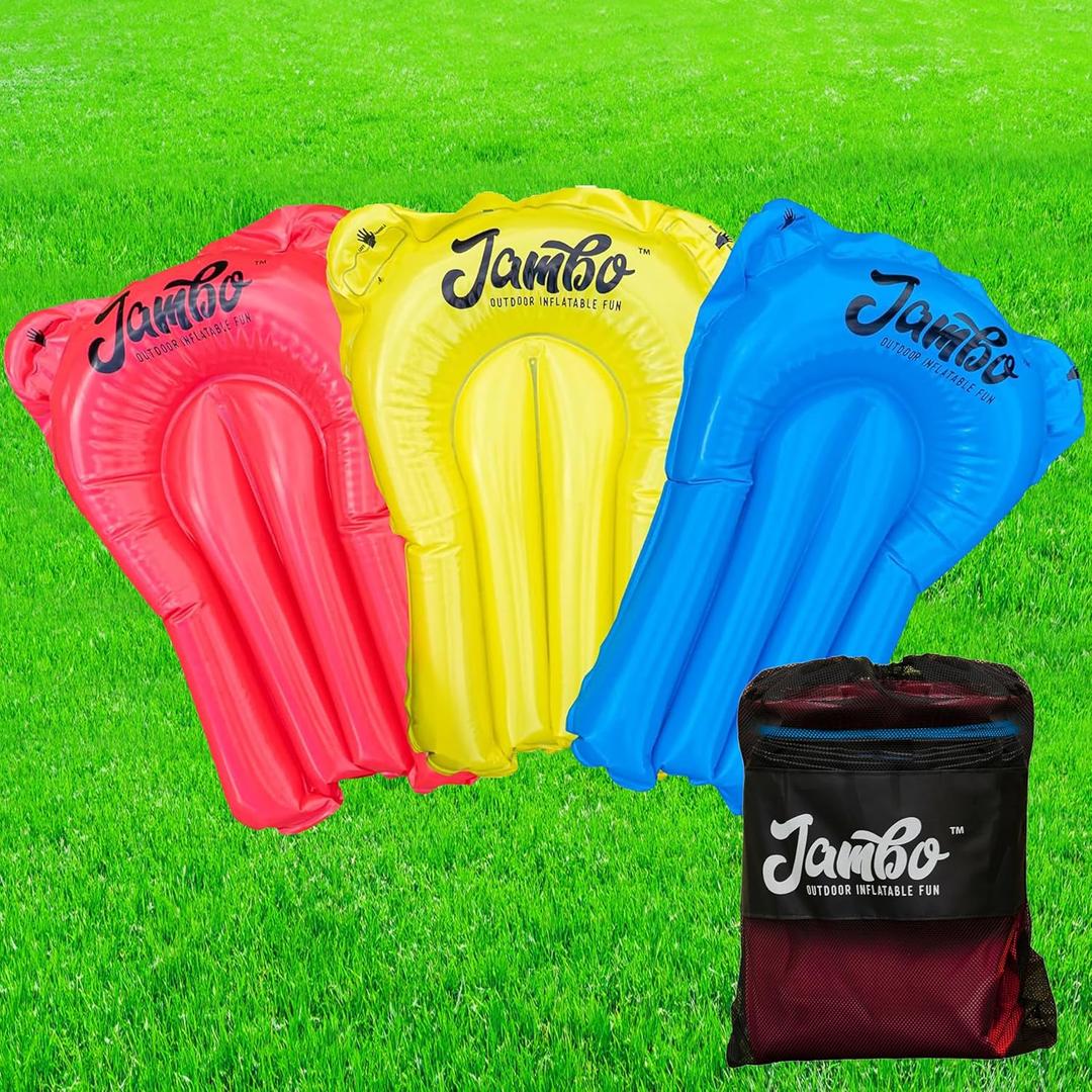 JAMBO 3-Pack Lawn Water Slide Bodyboards with Mesh Storage Bag  Includes Slide Repair Patches, Ground Anchors & Hose Adaptors  Bodyboards Set for Kids and Adults