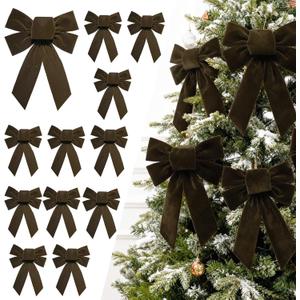 LaRibbons 12 Pack Brown Velvet Christmas Bows, 13" x 9" Large Decorative Bows for Wreath, Tree, Garland & Holiday Decor, Indoor Outdoor Christmas Decorations