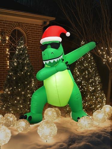 8.5 FT Christmas Inflatable T-Rex Outdoor Decorations, Blow Up Dabbing Dinosaur in Santa Hat, Built-in Bright LEDs, Cool Xmas Yard Garden Lawn Holiday Decor (Cool Green T-Rex with Santa Hat, One Size)
