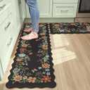 Collive Anti Fatigue Mats for Kitchen Floor, Scalloped Cushioned Comfort Kitchen Rugs Set of 2 Waterproof Non Skid Padded Kitchen Floor Mat, Boho Floral Rug Black Standing Carpet for Office, Laundry (17.3"x59"+17.3"x29")