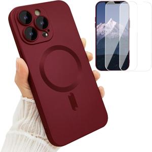 ankofave Magnetic Case for iPhone 12 Pro Max Phone Case for Women, [Compatible with MagSafe] Matte Soft Metallic Design with Lens Protectors and 2 Screen Protectors for iPhone 12 Pro Max 6.7"-Wine Red