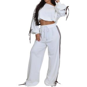 SxClub Casual Two Piece Sweatsuit for Women White Sport Clothings Sets Long Pants Jogging Tracksuits with Pockets Drawstrings, Large