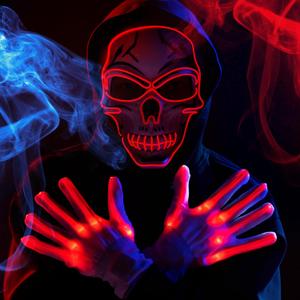 Spooktacular Creations Halloween LED Skull Mask with Light Up Gloves, Red Scary Glow Up Skull and Glow in The Dark Skeleton Mask for Adult Halloween Cosplay Costumes Accessories, Party Dress Up