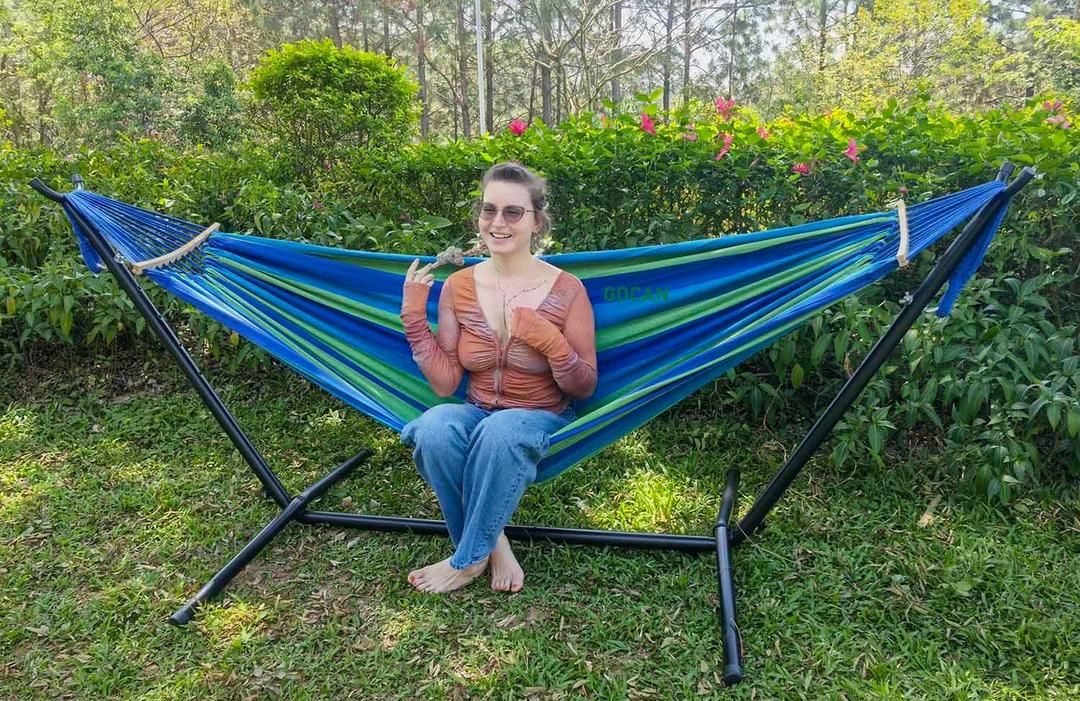 GOCAN Double Hammock 2 Person Large 220x160cm with Steel Stand and Removable Spreader bar Load 500lb, Canvas Cotton Hammocks for Patio Porch Garden Backyard Outdoor and Indoor, Blue
