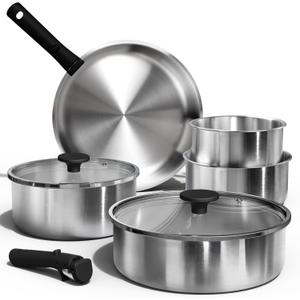 CAROTE Pots and Pans Set, Stainless Steel Cookware Set Detachable Handle, 9pcs Induction Kitchen Cookware Sets with Removable Handle, RV Cookware Set, Oven Safe (Brushed Black)