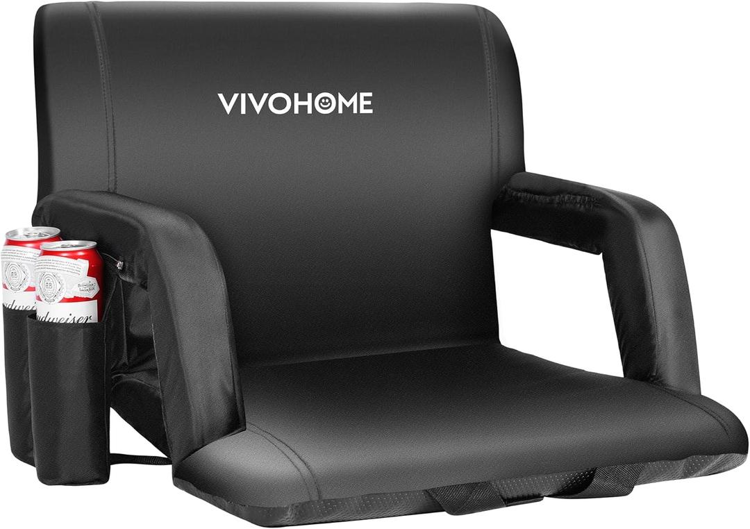 VIVOHOME Wide Padded Stadium Seats with Back Support and Cushion, Portable Reclining Bleacher Chairs with Armrest and Cup Holder, Comfortable for Various Sports Events (Wide - 24.5", Black)
