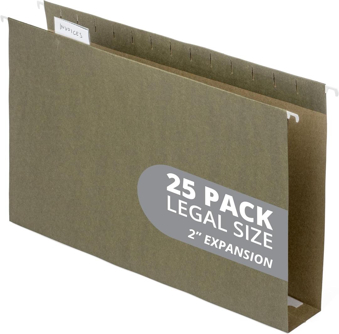 Blue Summit Supplies Legal Size Hanging File Folders, 2" Expansion, 1/3 Cut Adjustable tabs, Legal Size, 5 Tab Locations, Designed for Legal and Law Office File Organization, Standard Green, 25 Pack