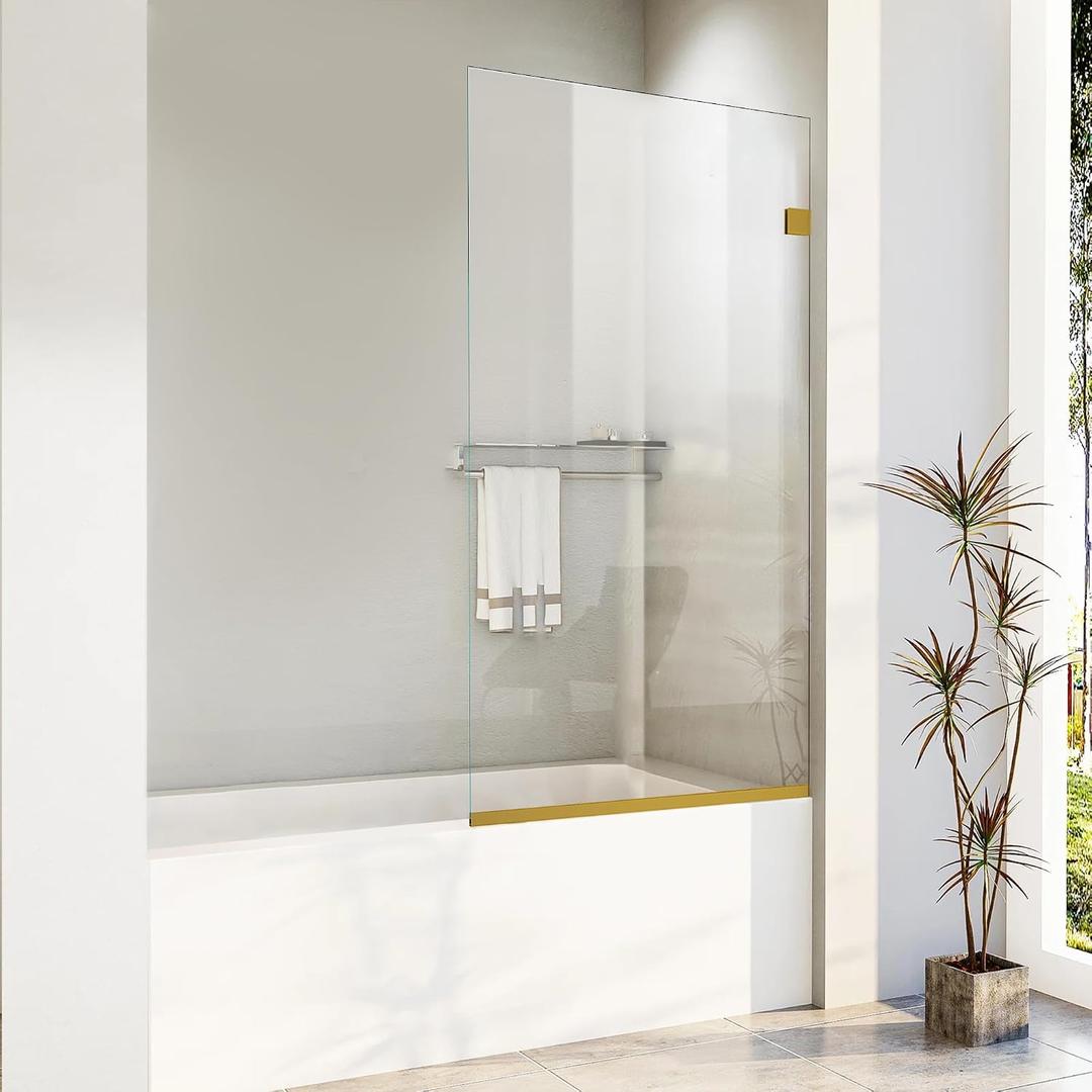 Bathroom Shower Glass Door 36 * 62" - 5/16"(8mm) Thick Clear Tempered Glass Panel, Fixed Hinged Framless Shower Glass Door with Bottom Seal, Brushed Gold