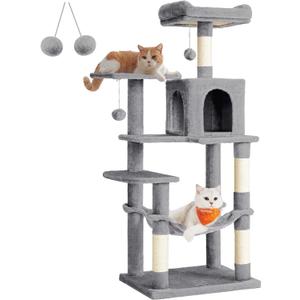 Feandrea Cat Tree, 56.3-Inch Cat Tower for Indoor Cats, Multi-Level Cat Condo with 4 Scratching Posts, 2 Perches, Hammock, Cave, Light Gray UPCT161W01
