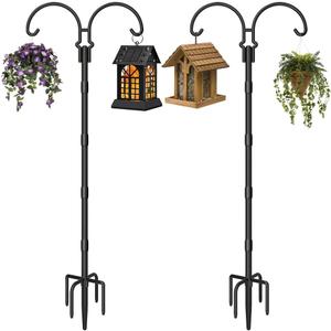 Adjustable Double Shepherds Hooks for Outdoor with Sleeve, 92 Inch Heavy Duty Bird Feeder Pole Stand with 5 Prong Base for Hanging Plant, Hummingbird Feeders, Solar Lantern, Wind Chime, 2 Pcs