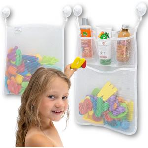 2 x Mesh Bath Toy Organizer + 8 Ultra Strong Hooks The Perfect Bathtub Toy Holder & Bathroom or Shower Caddy These Multi-use Net Bags Make Baby Bath Toy Storage Easy For Kids & Toddlers